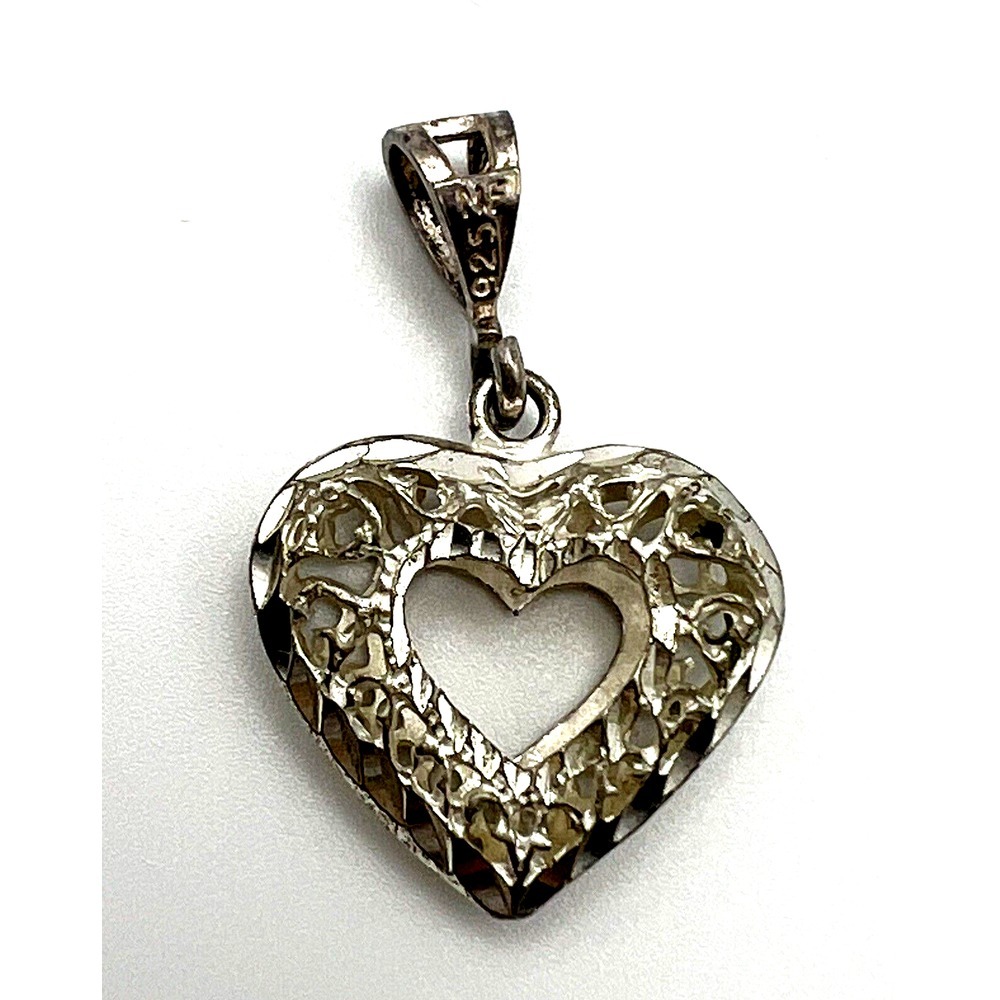 Vintage‎ NF 925 Silver Small Heart Shaped Pendant Cut Out Design .75"